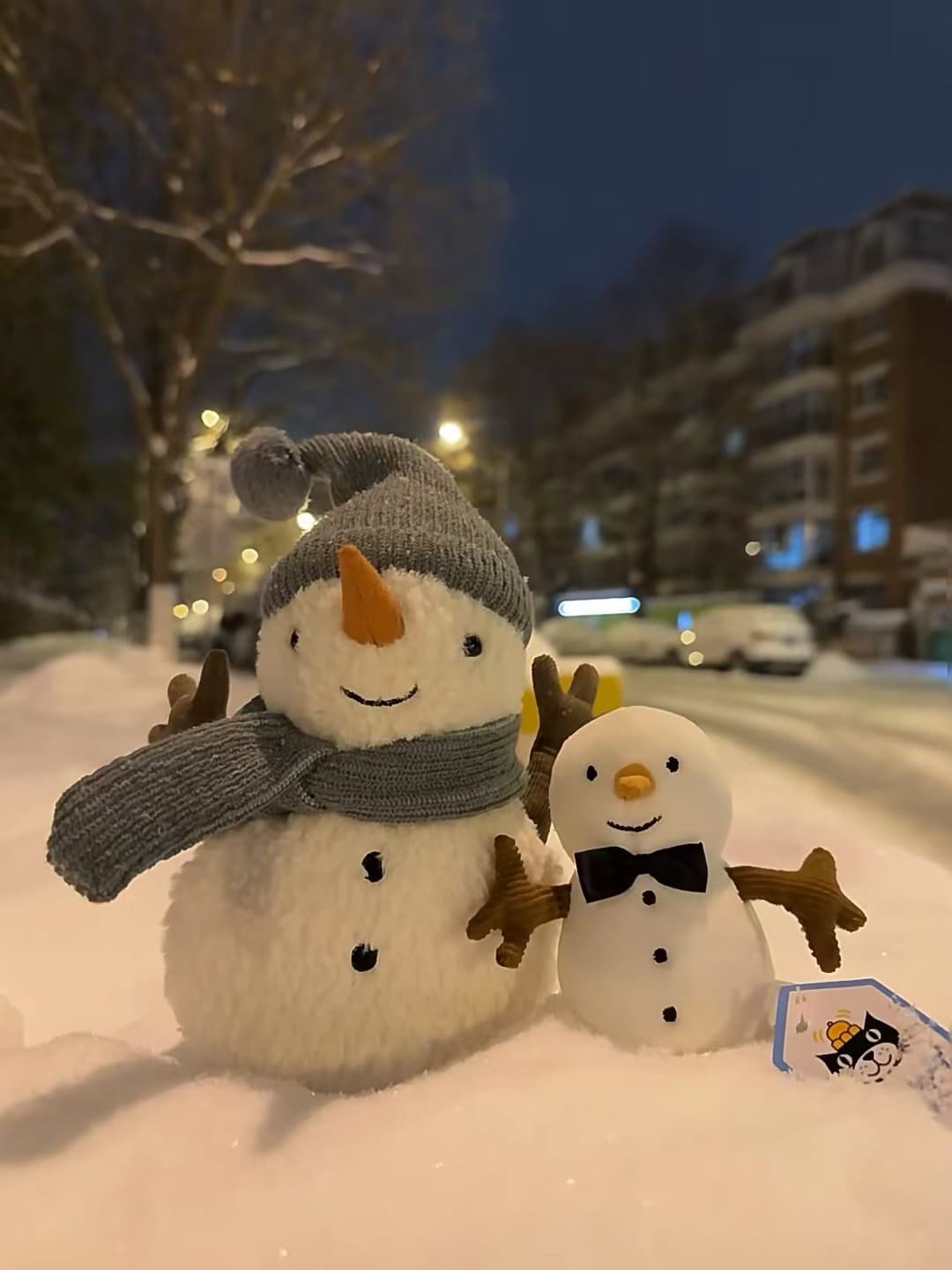 雪夜偶遇俩小雪人，一个戴毛线帽一个系黑领结～封面图