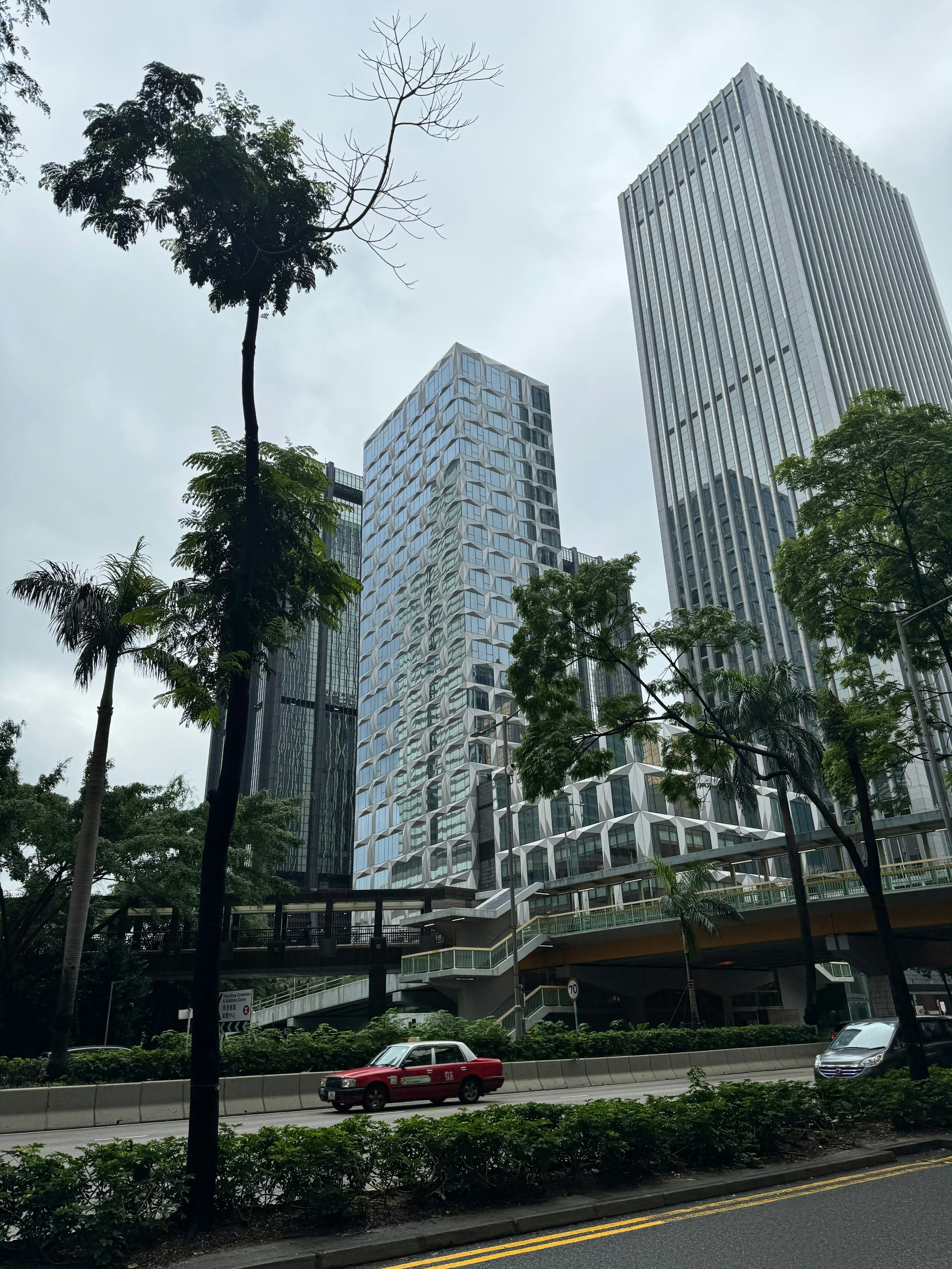 雨天路过湾仔，红的车、绿的树、银的楼，像一幅流动的都市水墨画