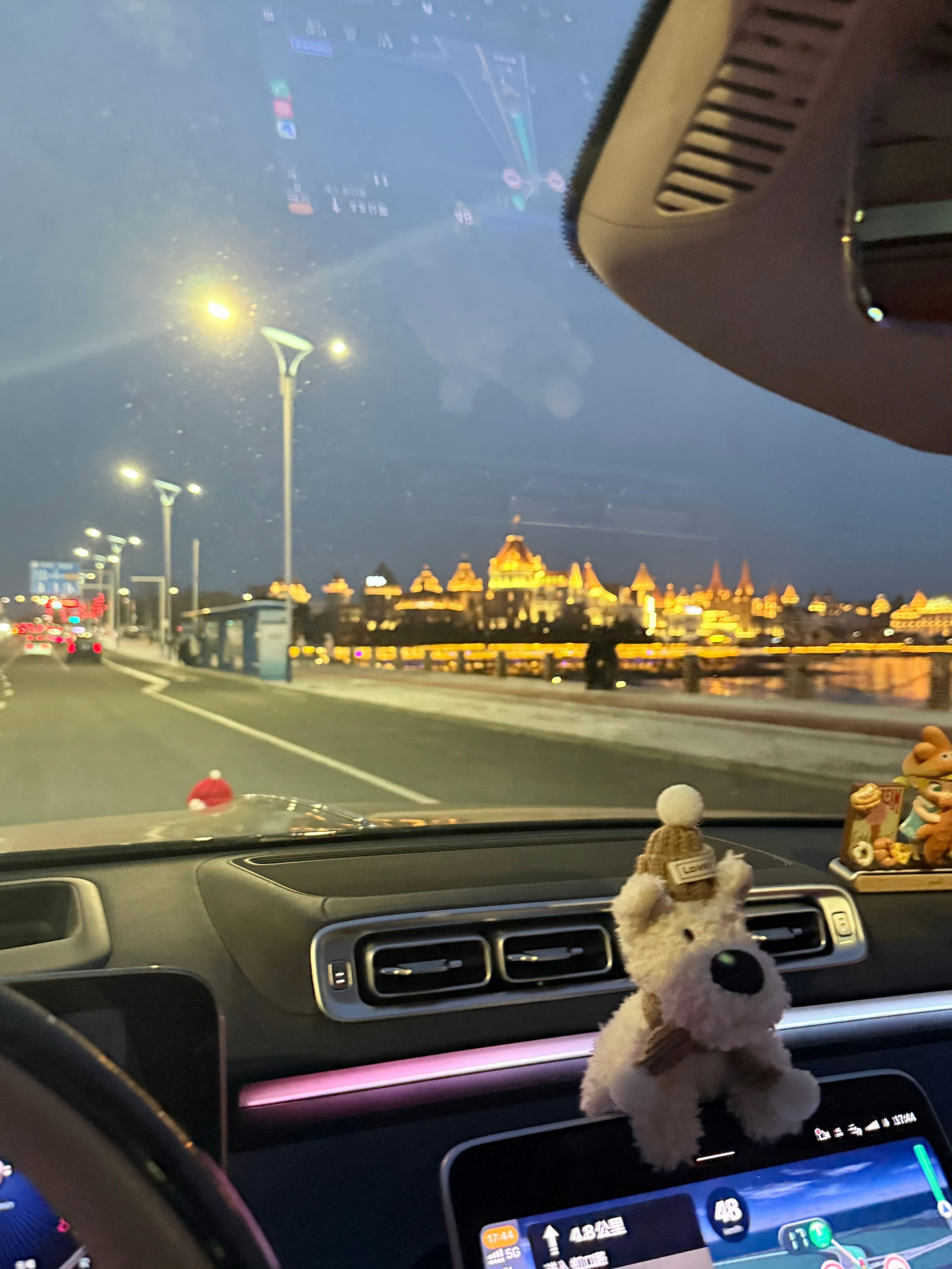 傍晚开车路过迪士尼城堡，小熊戴着毛线帽偷看夜景✨谁懂啊！