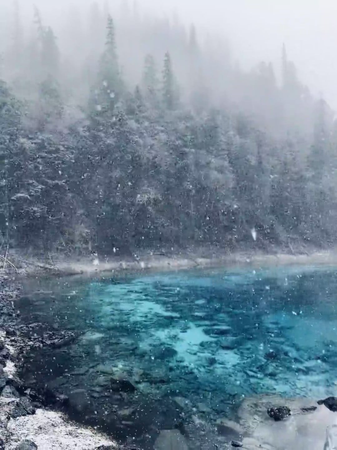 雪天湖边突然蓝得像童话…路过这处秘境时整个人被冻住了❄️