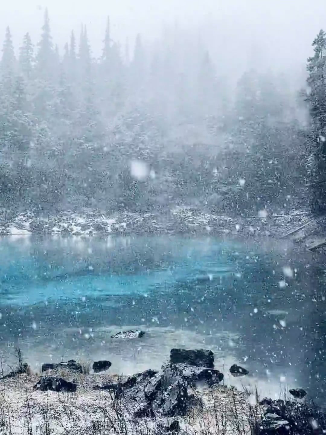 雪天湖边发呆，蓝得像被冻住的梦