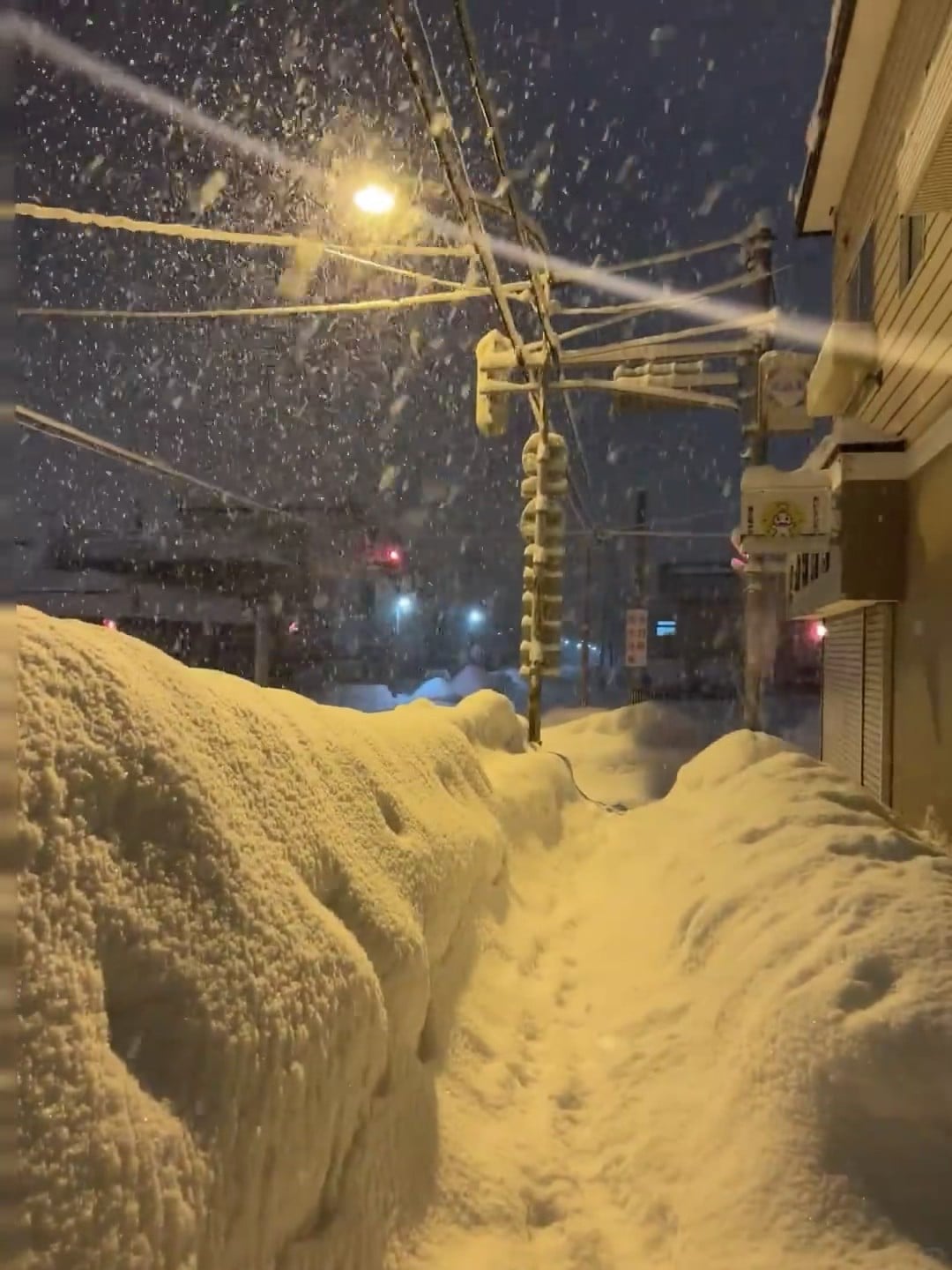 今晚的雪把路灯都染成暖黄色了❄️通勤路直接变雪地隧道