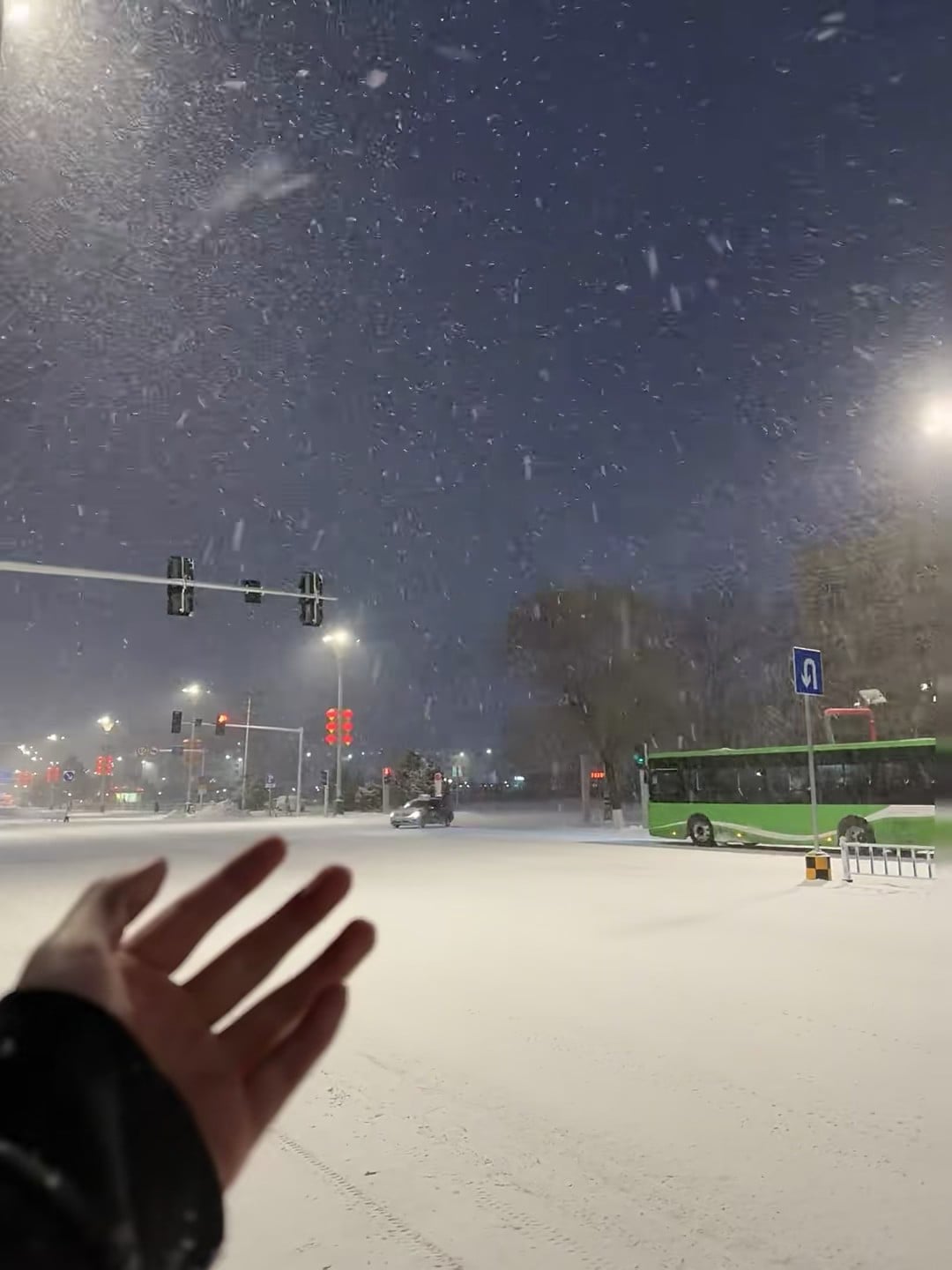 雪夜街头伸手接雪，车灯在雪幕里晕成一团暖黄