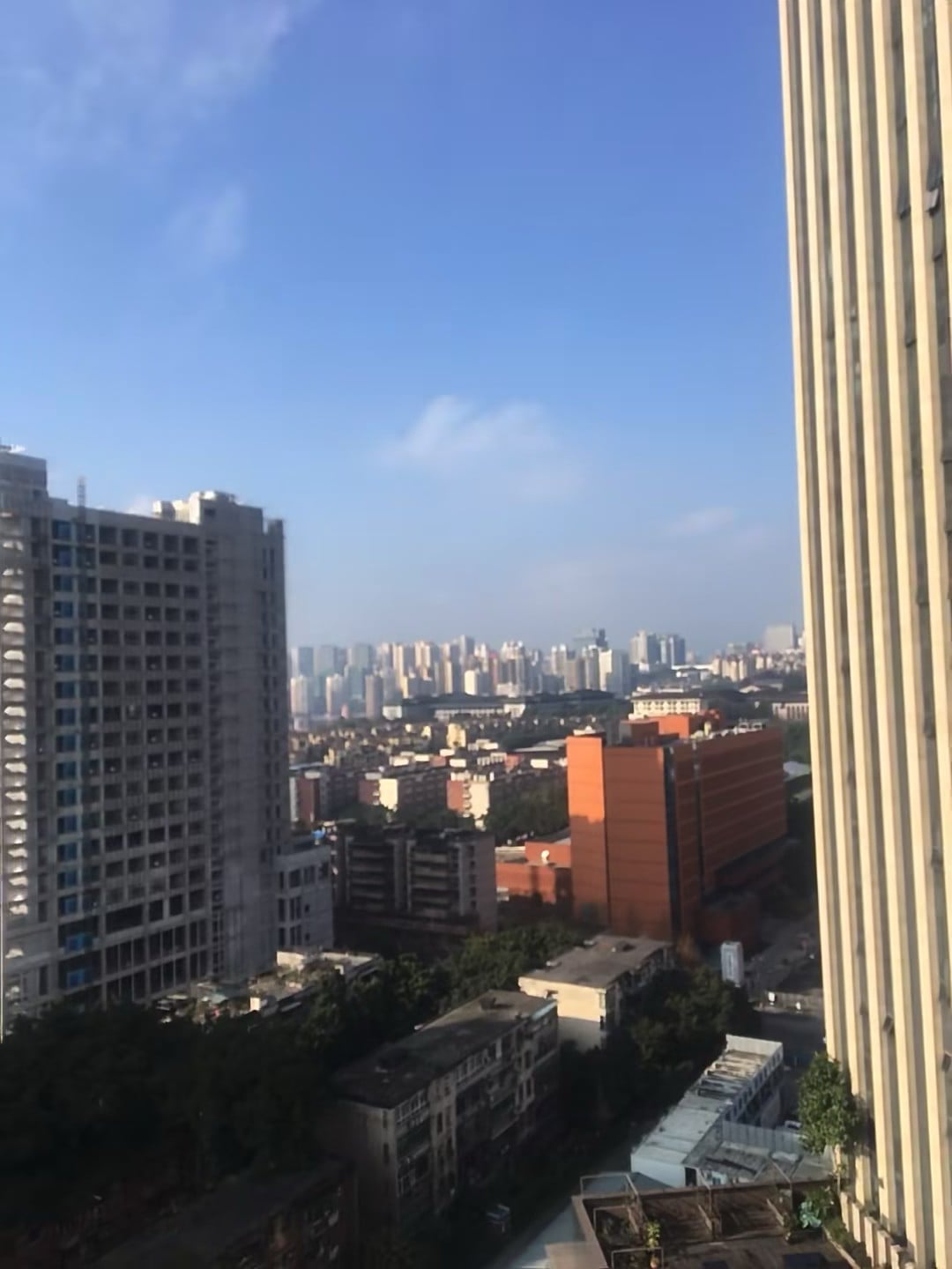 今天在楼顶晒太阳，远处天际线像打翻的马卡龙盒～