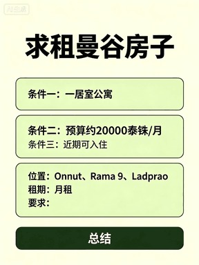 求租曼谷房子，一居室+月租2万泰铢内，近期可入住