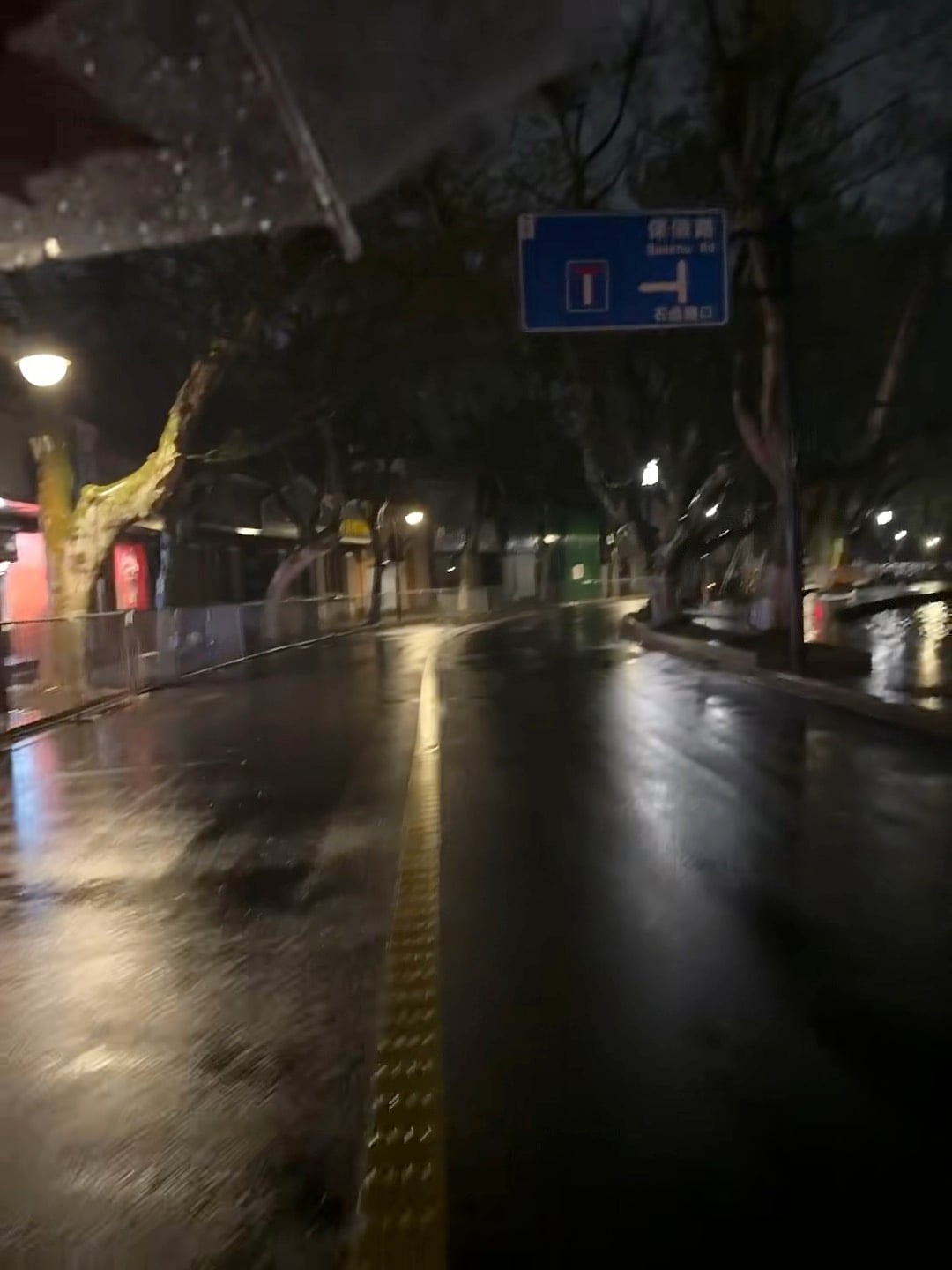 雨夜骑车路过保俶路，路灯把湿漉漉的路照得像油画
