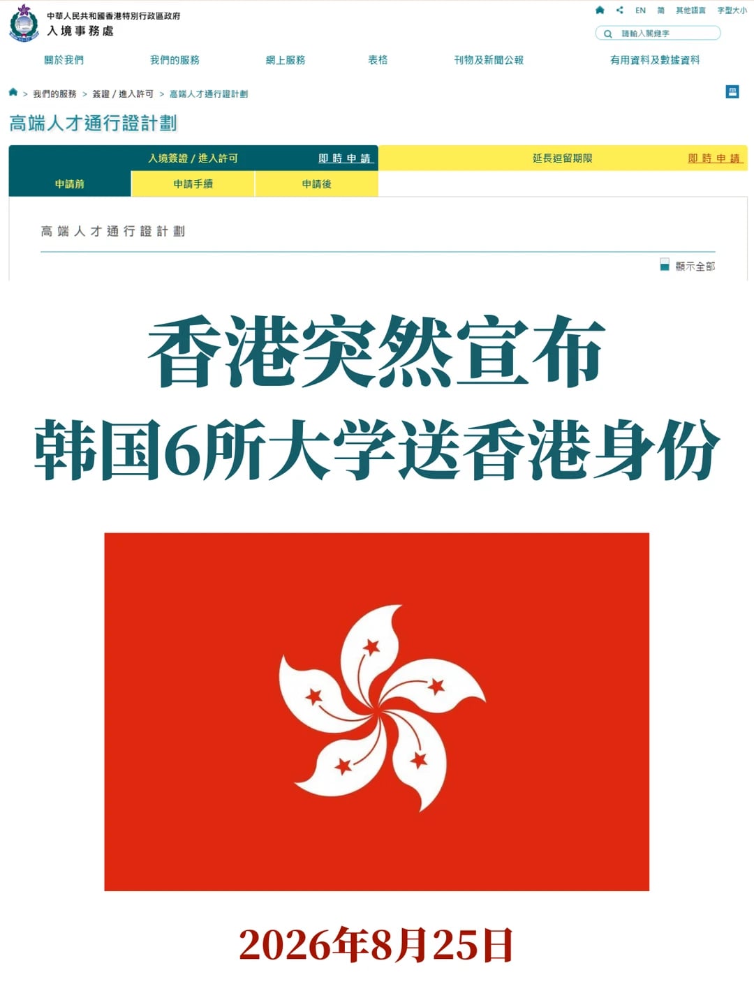 港府正式公布！韩国6所高校学生送HK身份