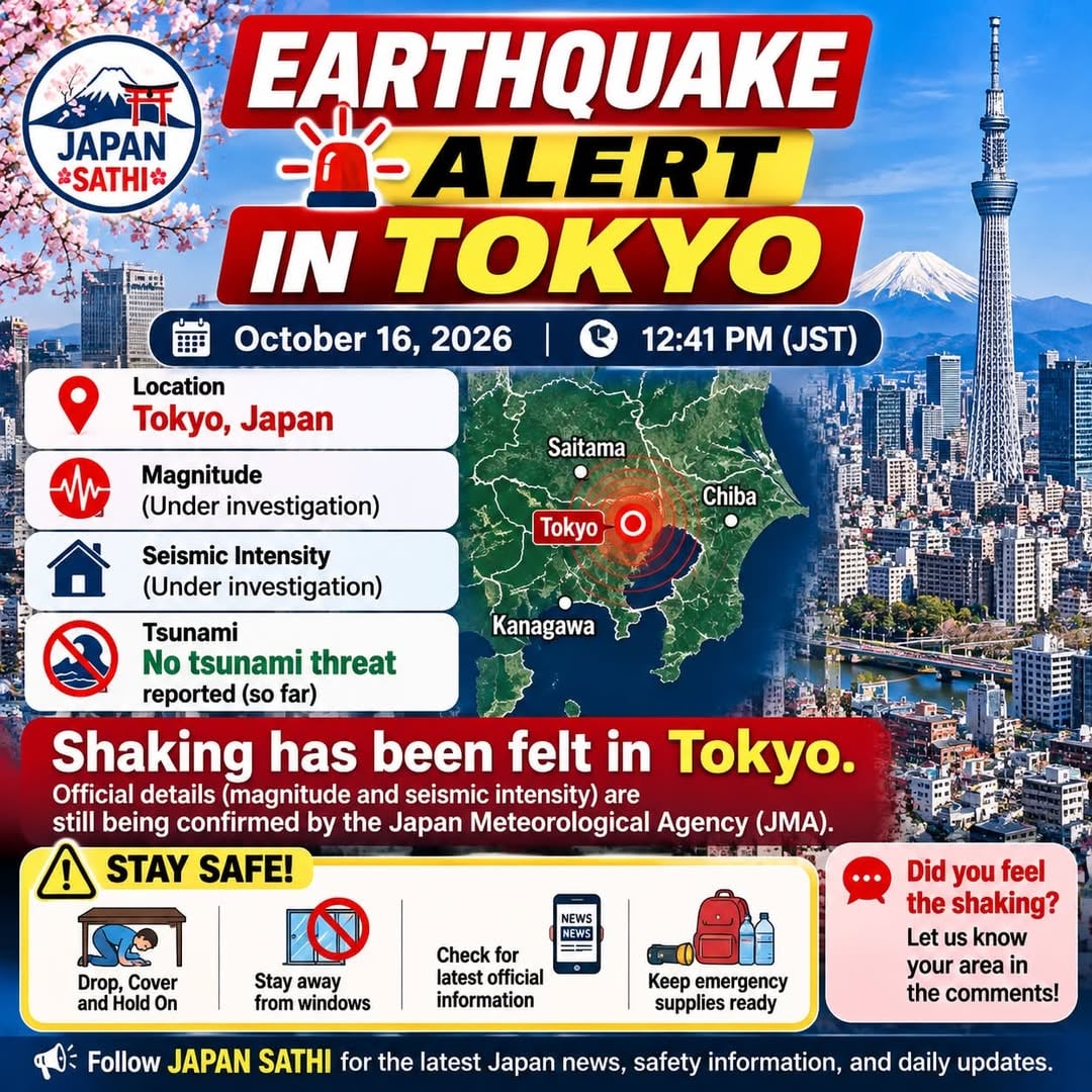 2026年10月16日东京地震预警：约中午12点41分震感明显，官方数据核实中