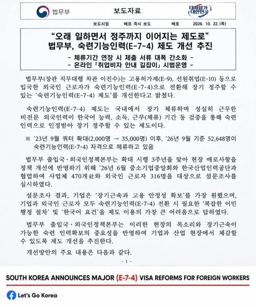 韩国拟于2026年10月实施E-7-4签证改革:简化材料、加分及明确永居路径封面图